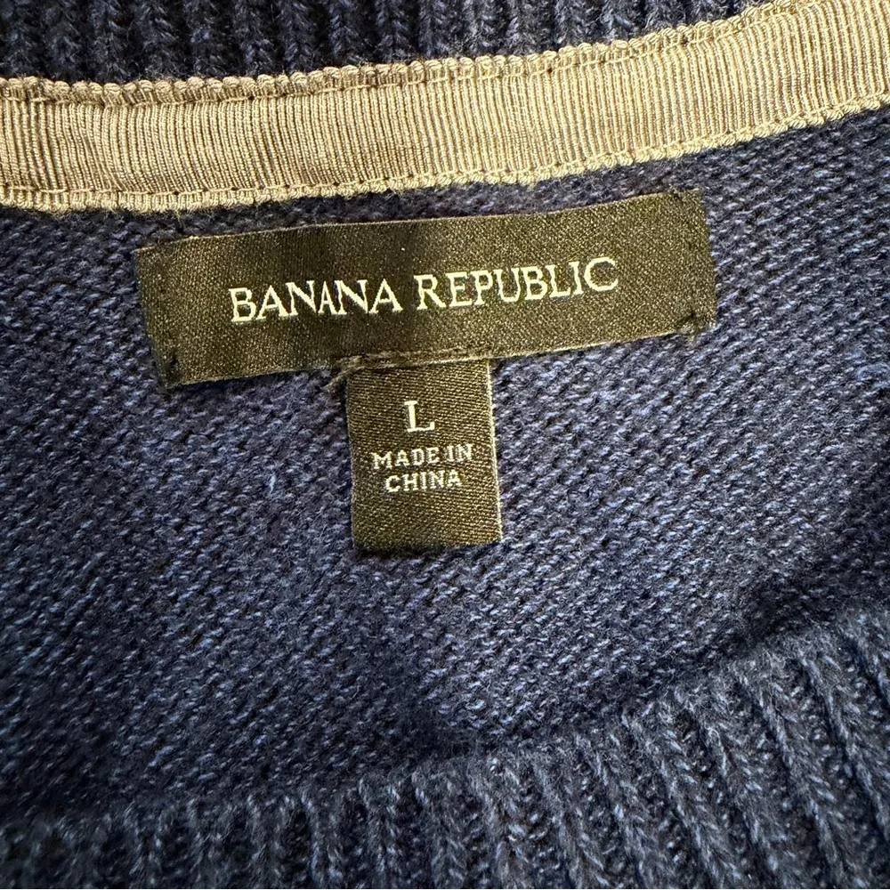 Banana Republic Men's Size L Navy Blue‎ Crewneck Sweater Ribbed Shoulder Detail